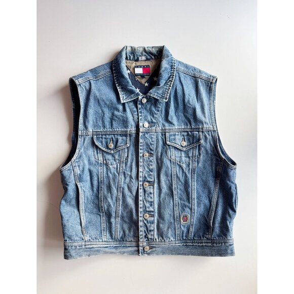 Vintage TOMMY HILFIGER 100% Cotton Star Print Lined Denim Vest, Size XL - Picture 3 of 16